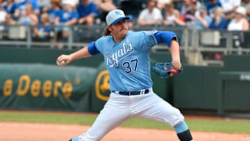 KANSAS CITY, MO - JUNE 17: Brandon Maurer #37 of the Kansas City Royals pitches in the eighth inning against the Houston Astros at Kauffman Stadium on June 17, 2018 in Kansas City, Missouri. (Photo by Ed Zurga/Getty Images)
