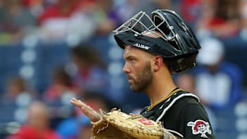 PHILADELPHIA, PA - AUGUST 28: Jacob Stallings #58 of the Pittsburgh Pirates in action against the Philadelphia Phillies during a game at Citizens Bank Park on August 28, 2019 in Philadelphia, Pennsylvania. (Photo by Rich Schultz/Getty Images)