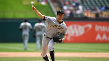 May 1, 2019; Arlington, TX, USA; Pittsburgh Pirates starting pitcher Jameson Taillon (50) delivers a warm-up pitch during the second inning against the Texas Rangers at Globe Life Park in Arlington. Mandatory Credit: Shanna Lockwood-USA TODAY Sports