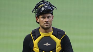Jul 7, 2020; Pittsburgh, Pennsylvania, United States; Pittsburgh Pirates catchers Luke Maile (14) on the field during Summer Training workouts at PNC Park. Mandatory Credit: Charles LeClaire-USA TODAY Sports