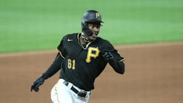 Jul 18, 2020; Pittsburgh, Pennsylvania, USA; Pittsburgh Pirates shortstop Oneil Cruz (61) runs the base against the Cleveland Indians during the seventh inning at PNC Park. The Indians won 5-3. Mandatory Credit: Charles LeClaire-USA TODAY Sports
