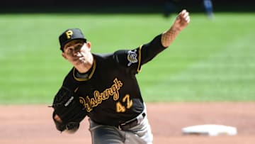 Aug 30, 2020; Milwaukee, Wisconsin, USA; Pittsburgh Pirates pitcher Steven Brault throws a pitch in the first inning against the Milwaukee Brewers at Miller Park. Mandatory Credit: Benny Sieu-USA TODAY Sports