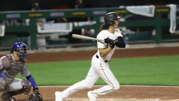 Sep 1, 2020; Pittsburgh, Pennsylvania, USA; Pittsburgh Pirates center fielder Cole Tucker (3) at bat against the Chicago Cubs during the sixth inning at PNC Park. The Cubs won 8-7 in eleven innings. Mandatory Credit: Charles LeClaire-USA TODAY Sports