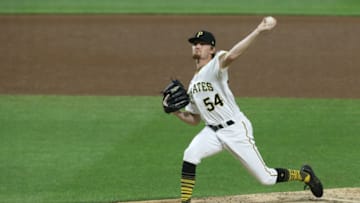 Sep 22, 2020; Pittsburgh, Pennsylvania, USA; Pittsburgh Pirates relief pitcher Sam Howard (54) pitches against the Chicago Cubs during the eighth inning at PNC Park. Mandatory Credit: Charles LeClaire-USA TODAY Sports