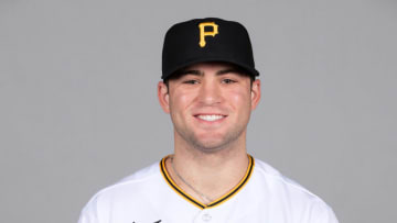 Mar 1, 2021; Sarasota, FL, USA; Pittsburgh Pirates Travis Swaggerty (75) poses during media day at Ed Smith Stadium. Mandatory Credit: MLB Photos via USA Today Sports