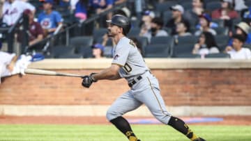 Jul 10, 2021; New York City, New York, USA; Pittsburgh Pirates center fielder Bryan Reynolds (10) hits a two run home run in the sixth inning against the New York Mets at Citi Field. Mandatory Credit: Wendell Cruz-USA TODAY Sports