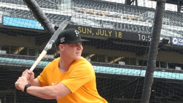 Jul 18, 2021; Pittsburgh, Pennsylvania, USA; Pittsburgh Pirates catcher Henry Davis who was selected number one overall in the 2021 MLB first year player draft by the Pirates participates in bating practice before the Pirates play the New York Mets at PNC Park. Mandatory Credit: Charles LeClaire-USA TODAY Sports
