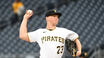 Apr 26, 2022; Pittsburgh, Pennsylvania, USA; Pittsburgh Pirates starting pitcher Mitch Keller (23) throws a pitch against the Milwaukee Brewers during the first inning at PNC Park. Mandatory Credit: Philip G. Pavely-USA TODAY Sports