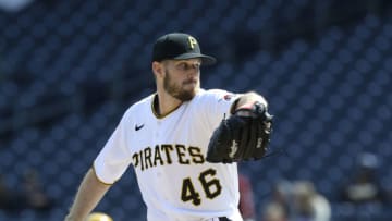 Apr 28, 2022; Pittsburgh, Pennsylvania, USA; Pittsburgh Pirates relief pitcher Chris Stratton (46) pitches against the Milwaukee Brewers during the ninth inning at PNC Park. The Brewers won 3-2. Mandatory Credit: Charles LeClaire-USA TODAY Sports