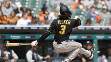 May 4, 2022; Detroit, Michigan, USA; Pittsburgh Pirates shortstop Cole Tucker (3) loses his balance as he strikes out in the seventh inning against the Detroit Tigers at Comerica Park. Mandatory Credit: Rick Osentoski-USA TODAY Sports