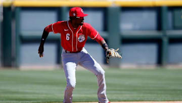 Cincinnati Reds second baseman Dee Strange-Gordon (6) fields a ground ball off the bat of Matt Chapman in the second inning of the MLB Cactus League Spring Training game between the Cincinnati Reds and the Oakland Athletics at Hohokam Stadium in Mesa, Ariz., on Monday, March 1, 2021.Cincinnati Reds At Oakland Athletics Spring Training