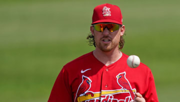 Mar 29, 2021; Jupiter, Florida, USA; St. Louis Cardinals first baseman John Nogowski (34) stands on the field prior to the spring training game against the New York Mets at Roger Dean Chevrolet Stadium. Mandatory Credit: Jasen Vinlove-USA TODAY Sports