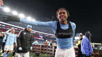 Nov 30, 2021; Foxborough, Massachusetts, USA; New York City defender Tayvon Gray (24) celebrates the victory against New England Revolution following shootouts in the conference semifinals of the 2021 MLS playoffs at Gillette Stadium. Mandatory Credit: David Butler II-USA TODAY Sports