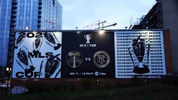 Dec 10, 2021; Portland, OR, USA; A banner at the De Paul Treatment Center promoting the MLS Cup between the New York City FC and the Portland Timbers on Dec. 11 at Providence Park. Mandatory Credit: Kirby Lee-USA TODAY Sports