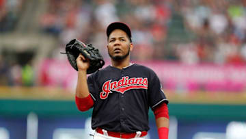 CLEVELAND, OH - JULY 14: Edwin Encarnacion #10 of the Cleveland Indians stands at first base against the New York Yankees in the fourth inning at Progressive Field on July 14, 2018 in Cleveland, Ohio. The Yankees defeated the Indians 5-4. (Photo by David Maxwell/Getty Images)