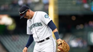 SEATTLE, WA - SEPTEMBER 12: Ryon Healy #27 of the Seattle Mariners reacts after bobbling a catch, allowing Wil Myers #4 of the San Diego Padres to reach first base in the fifth inning at Safeco Field on September 12, 2018 in Seattle, Washington. (Photo by Lindsey Wasson/Getty Images)