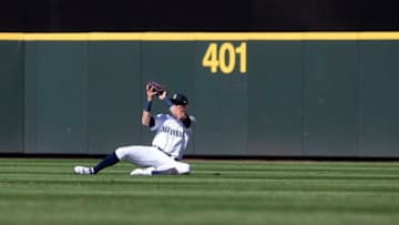 SEATTLE, WA - MAY 01: Braden Bishop #5 of the Seattle Mariners catches an RBI sacrifice fly by Anthony Rizzo #44 of the Chicago Cubs in the second inning at T-Mobile Park on May 1, 2019 in Seattle, Washington. (Photo by Lindsey Wasson/Getty Images)