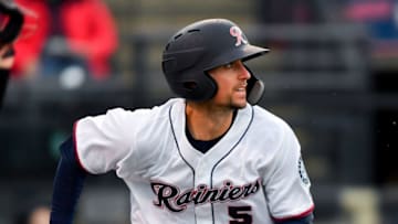 TACOMA, WASHINGTON - APRIL 09: Braden Bishop #5 of the Tacoma Rainiers dashes to first. (Photo by Alika Jenner/Getty Images)