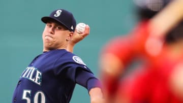 BOSTON, MA - MAY 10: Erik Swanson #50 of the Seattle Mariners pitches in the first inning of a game against the Boston Red Sox at Fenway Park on May 10, 2019 in Boston, Massachusetts. (Photo by Adam Glanzman/Getty Images)