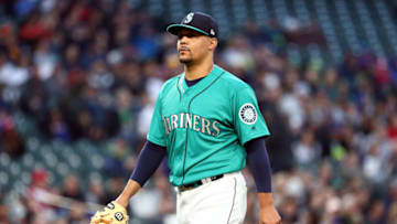 SEATTLE, WASHINGTON - APRIL 26: Justus Sheffield exits the mound after completing the second inning during his Mariners debut against the Texas Rangers during their game at T-Mobile Park on April 26, 2019 in Seattle, Washington. (Photo by Abbie Parr/Getty Images)