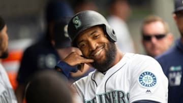 SEATTLE, WA - JUNE 19: Domingo Santana #16 of the Seattle Mariners celebrates his home run in the sixth inning against the Kansas City Royals with Dee Gordon #9 at T-Mobile Park on June 19, 2019 in Seattle, Washington. (Photo by Lindsey Wasson/Getty Images)