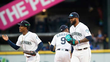 SEATTLE, WA - JUNE 19: Mallex Smith #0 of the Seattle Mariners, left Dee Gordon #9, and Domingo Santana #16 celebrate their win over the Kansas City Royals at T-Mobile Park on June 19, 2019 in Seattle, Washington. The Seattle Mariners beat the Kansas City Royals 8-2. (Photo by Lindsey Wasson/Getty Images)