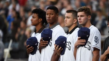 SAN DIEGO, CA - JUNE 8: San Diego Padres draft picks, from right, Matt Brash, Logan Driscoll, Joshua Mears and C.J Abrams, stand at home plate. Matt Brash is now a member of the Seattle Mariners. (Photo by Denis Poroy/Getty Images)