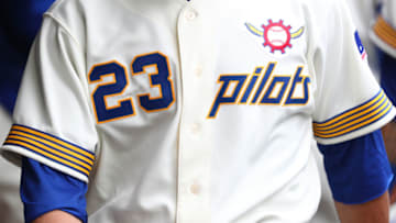 SEATTLE, WASHINGTON - JUNE 22: Domingo Santana #16 celebrates after scoring off an RBI double by Daniel Vogelbach #20 of the Seattle Mariners in the first inning during their game at T-Mobile Park on June 22, 2019 in Seattle, Washington. (Photo by Abbie Parr/Getty Images)