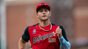 CLEVELAND, OH - JULY 07: Jarred Kelenic #18 of the American League Futures Team looks on during the SiriusXM All-Star Futures Game on July 7, 2019 at Progressive Field in Cleveland, Ohio. (Photo by Brace Hemmelgarn/Minnesota Twins/Getty Images)