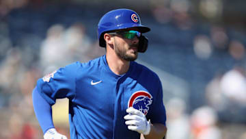 PEORIA, ARIZONA - FEBRUARY 24: Kris Bryant #17 of the Chicago Cubs draws a walk against the Seattle Mariners during the first inning of the MLB spring training game at Peoria Stadium on February 24, 2020 in Peoria, Arizona. (Photo by Christian Petersen/Getty Images)