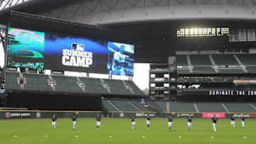 SEATTLE, WASHINGTON - JULY 08: The Seattle Mariners practicing during summer workouts. (Photo by Abbie Parr/Getty Images)