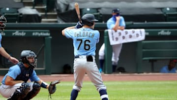 SEATTLE, WASHINGTON - JULY 12: Zach DeLoach of the Seattle Mariners at bat in an intrasquad game during summer workouts. (Photo by Abbie Parr/Getty Images)