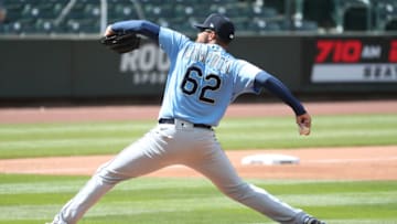 SEATTLE, WASHINGTON - JULY 12: Isaiah Campbell #62 of the Seattle Mariners pitches in the first inning of an intrasquad game. (Photo by Abbie Parr/Getty Images)