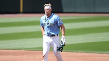 SEATTLE, WASHINGTON - JULY 12: Jarred Kelenic #58 of the Seattle Mariners looks on after hitting a double in the second inning during an intrasquad game during summer workouts at T-Mobile Park on July 12, 2020 in Seattle, Washington. (Photo by Abbie Parr/Getty Images)