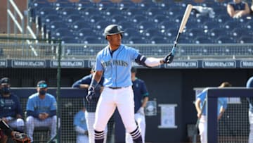 PEORIA, ARIZONA - MARCH 15: Julio Rodríguez #85 of the Seattle Mariners at bat in the seventh inning against the Arizona Diamondbacks during the MLB spring training baseball game at Peoria Sports Complex on March 15, 2021 in Peoria, Arizona. (Photo by Abbie Parr/Getty Images)