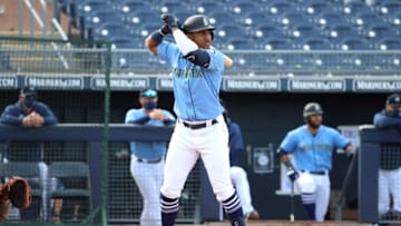 PEORIA, ARIZONA - MARCH 15: Julio Rodríguez #85 of the Seattle Mariners at bat in the ninth inning against the Arizona Diamondbacks during the MLB spring training baseball game at Peoria Sports Complex on March 15, 2021 in Peoria, Arizona. (Photo by Abbie Parr/Getty Images)