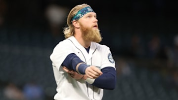 SEATTLE, WASHINGTON - JUNE 16: Jake Fraley #28 of the Seattle Mariners reacts after striking out to end the sixth inning against the Minnesota Twins at T-Mobile Park on June 16, 2021 in Seattle, Washington. (Photo by Abbie Parr/Getty Images)