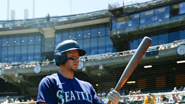 OAKLAND, CA - MAY 26: Jarred Kelenic #10 of the Seattle Mariners in the on-deck circle before the game. (Photo by Michael Zagaris/Oakland Athletics/Getty Images)