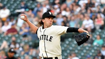 SEATTLE, WASHINGTON - JUNE 19: Logan Gilbert #36 of the Seattle Mariners pitches the ball during the game against the Tampa Bay Rays at T-Mobile Park on June 19, 2021 in Seattle, Washington. The Seattle Mariners beat the Tampa Bay Rays 6-5 in extra innings. (Photo by Alika Jenner/Getty Images)