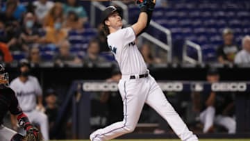 MIAMI, FLORIDA - AUGUST 26: Brian Anderson #15 of the Miami Marlins bats against the Washington Nationals at loanDepot park on August 26, 2021 in Miami, Florida. (Photo by Mark Brown/Getty Images)