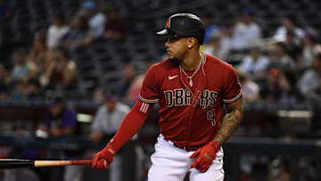 PHOENIX, ARIZONA - JULY 10: Ketel Marte #4 of the Arizona Diamondbacks gets ready in the batters box against the Colorado Rockies at Chase Field on July 10, 2022 in Phoenix, Arizona. (Photo by Norm Hall/Getty Images)