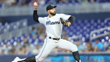 MIAMI, FLORIDA - JULY 21: Pablo Lopez #49 of the Miami Marlins delivers a pitch during the first inning against the Texas Rangers at loanDepot park on July 21, 2022 in Miami, Florida. (Photo by Michael Reaves/Getty Images)