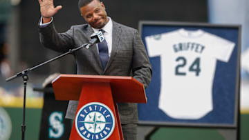 SEATTLE, WA - AUGUST 06: Former Mariner Ken Griffey Jr. waves to the crowd during a jersey retirement ceremony prior to the game between the Seattle Mariners and the Los Angeles Angels of Anaheim at Safeco Field on August 6, 2016 in Seattle, Washington. (Photo by Otto Greule Jr/Getty Images)