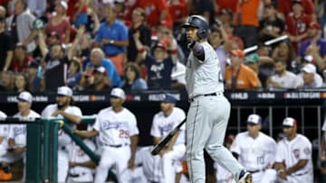 WASHINGTON, DC - JULY 17: Jean Segura #2 of the Seattle Mariners and the American League celebrates after hitting a three-run home run in the eighth inning against the National League during the 89th MLB All-Star Game, presented by Mastercard at Nationals Park on July 17, 2018 in Washington, DC. (Photo by Rob Carr/Getty Images)