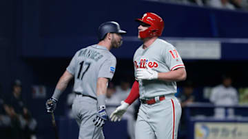 NAGOYA, JAPAN - NOVEMBER 14: Designated hitter Rhys Hoskins #17 of the Philadelphia Phillies celebrates hitting a two-run home run to make it 2-0 with Outfielder Mitch Haniger #17 of the Seattle Mariners in the top of 2nd inning during the game five between Japan and MLB All Stars at Nagoya Dome on November 14, 2018 in Nagoya, Aichi, Japan. (Photo by Kiyoshi Ota/Getty Images)