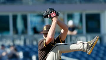 PEORIA, ARIZONA - MARCH 05: Pitcher MacKenzie Gore #89 of the San Diego Padres throws against the Seattle Mariners during a Cactus League spring training baseball game at Peoria Stadium on March 05, 2020 in Peoria, Arizona. (Photo by Ralph Freso/Getty Images)
