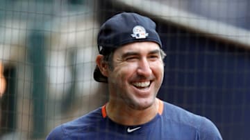 HOUSTON, TEXAS - JULY 08: Justin Verlander #35 of the Houston Astros watches batting practice during Summer Workouts at Minute Maid Park on July 08, 2020 in Houston, Texas. (Photo by Bob Levey/Getty Images)