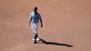 SEATTLE, WASHINGTON - JULY 13: Julio Rodriguez #85 of the Seattle Mariners looks on from second base during an intrasquad game during summer workouts. (Photo by Abbie Parr/Getty Images)