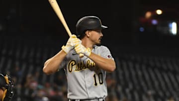 PHOENIX, ARIZONA - JULY 19: Bryan Reynolds #10 of the Pittsburgh Pirates gets ready in the batters box against the Arizona Diamondbacks at Chase Field on July 19, 2021 in Phoenix, Arizona. (Photo by Norm Hall/Getty Images)