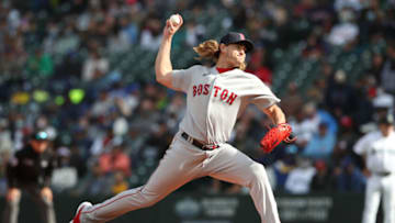 SEATTLE - SEPTEMBER 15: Garrett Richards #43 of the Boston Red Sox pitches during the game against the Seattle Mariners at T-Mobile Park on September 15, 2021 in Seattle, Washington. The Red Sox defeated the Mariners 9-4. (Photo by Rob Leiter/MLB Photos via Getty Images)